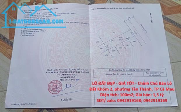 LÔ ĐẤT ĐẸP - GIÁ TỐT - Chính Chủ Bán Lô Đất Khóm 2, phường Tân Thành, TP Cà Mau