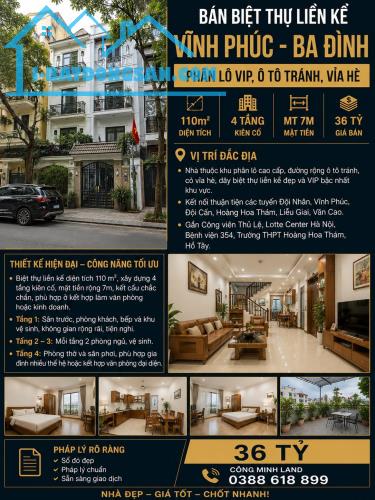 BÁN BIỆT THỰ LIỀN KỀ VĨNH PHÚC - BA ĐÌNH - PHÂN LÔ VIP, Ô TÔ TRÁNH, VỈA HÈ - 110 M2 - MT