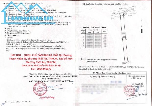 HOT HOT – CHÍNH CHỦ CẦN BÁN LÔ ĐẤT TẠI Đường Thạnh Xuân 52, phường Thới An, TP.HCM