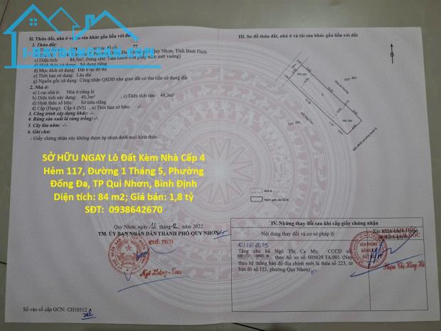 SỞ HỮU NGAY Lô Đất Kèm Nhà Cấp 4 Hẻm 117, Đường 1 Tháng 5, Phường Đống Đa, TP Qui Nhơn,