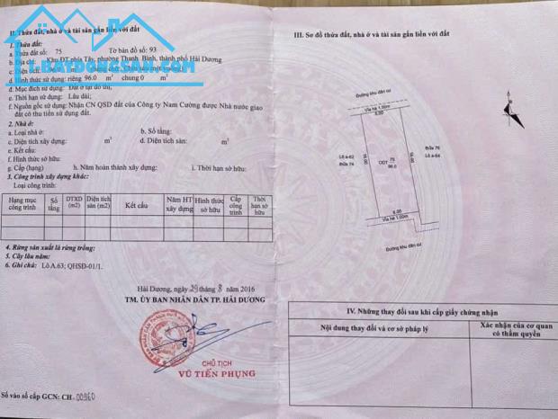 CẦN BÁN LÔ ĐẤT CHỢ HỘI ĐÔ DIỆN TÍCH 96M, TP HẢI DƯƠNG