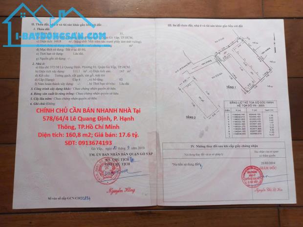 CHÍNH CHỦ CẦN BÁN NHANH NHÀ Tại Lê Quang Định, Phường 1, Quận Gò Vấp, Tp Hồ Chí Minh