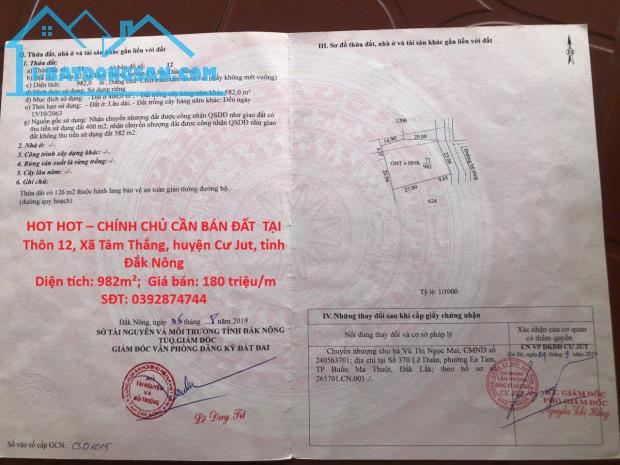 HOT HOT – CHÍNH CHỦ CẦN BÁN ĐẤT TẠI Xã Tâm Thắng, huyện Cư Jut, tỉnh Đắk Nông