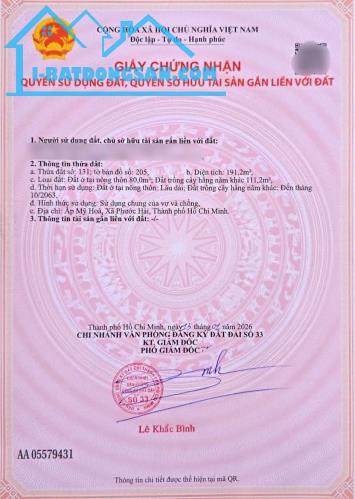 BÁN NHANH 191m2 ĐẤT MẶT TIỀN NHỰA PHƯỚC HẢI CÁCH BIỂN 5KM - GIÁ 900Tr (Thương lượng)
