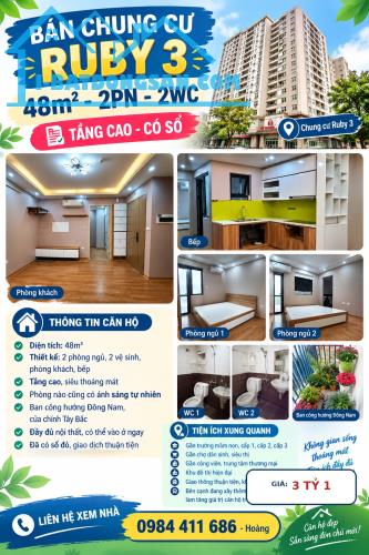 🏠 BÁN CHUNG CƯ RUBY 3 – 48M² – 2PN – 2WC – TẦNG CAO – CÓ SỔ