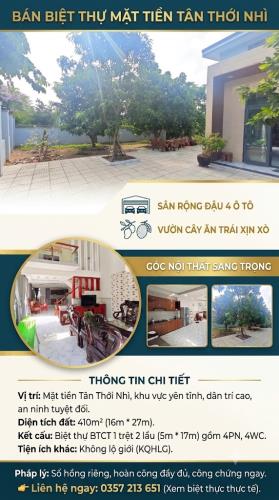 BÁN BIỆT THỰ MẶT TIỀN TÂN THỚI NHÌ – SÂN RỘNG ĐẬU 4 Ô TÔ, VƯỜN CÂY ĂN TRÁI