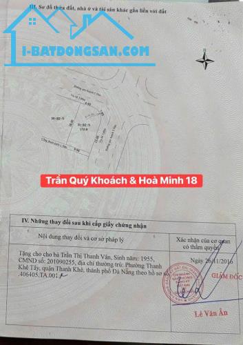 Bán đất GÓC 2MT đường Trần Qúy Khoách & Hòa Minh 18